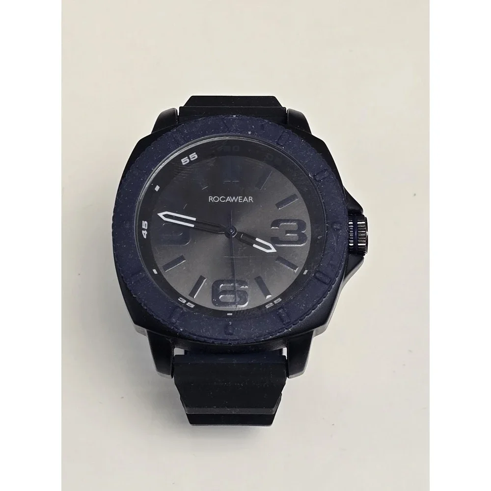 Vintage Rocawear Mens Quartz Analog Watch 50mm Dial Rubber Strap‎ RM3001 Black